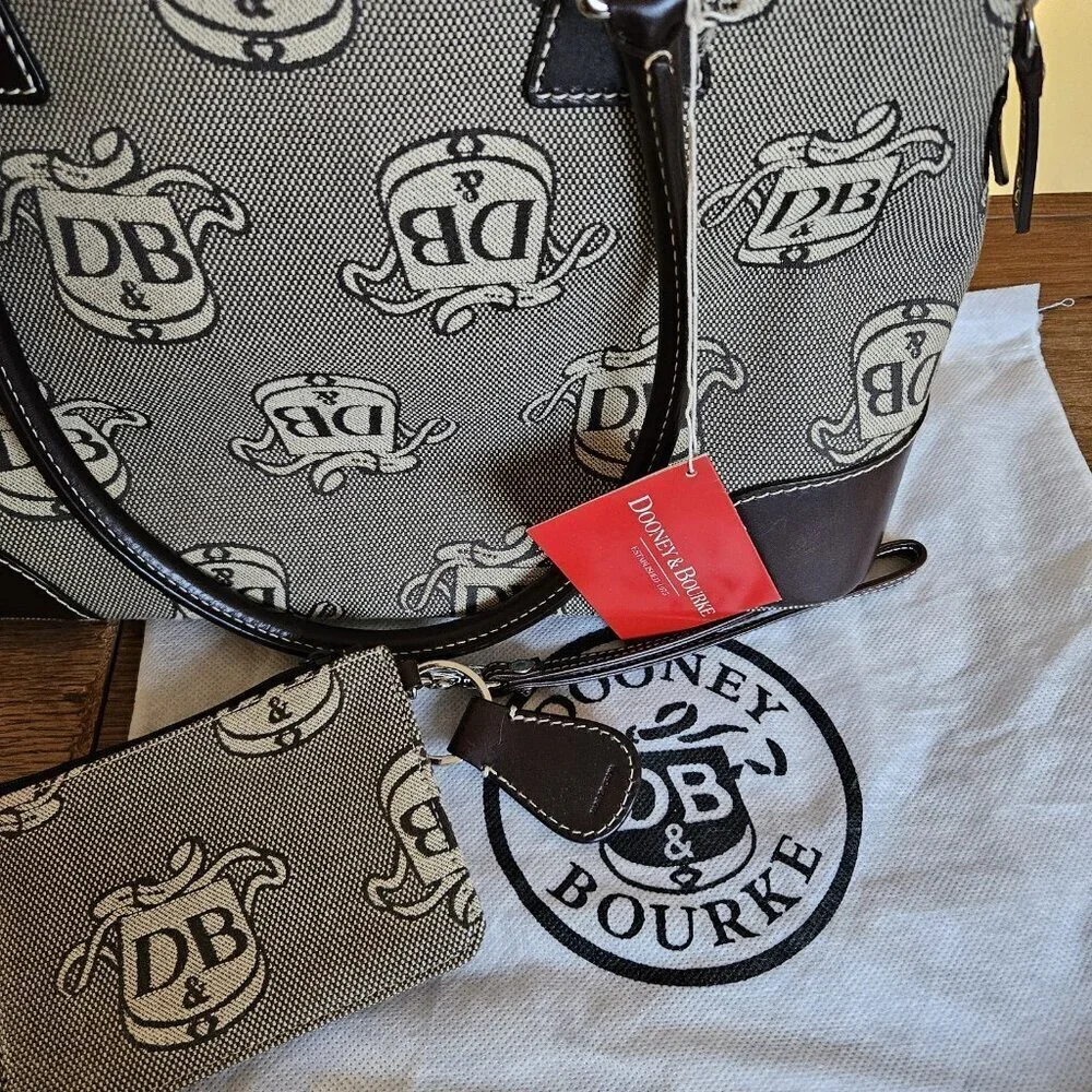 Dooney & Bourke DB Monogram Satchel + Wristlet Set NWT Gray Canvas Leather